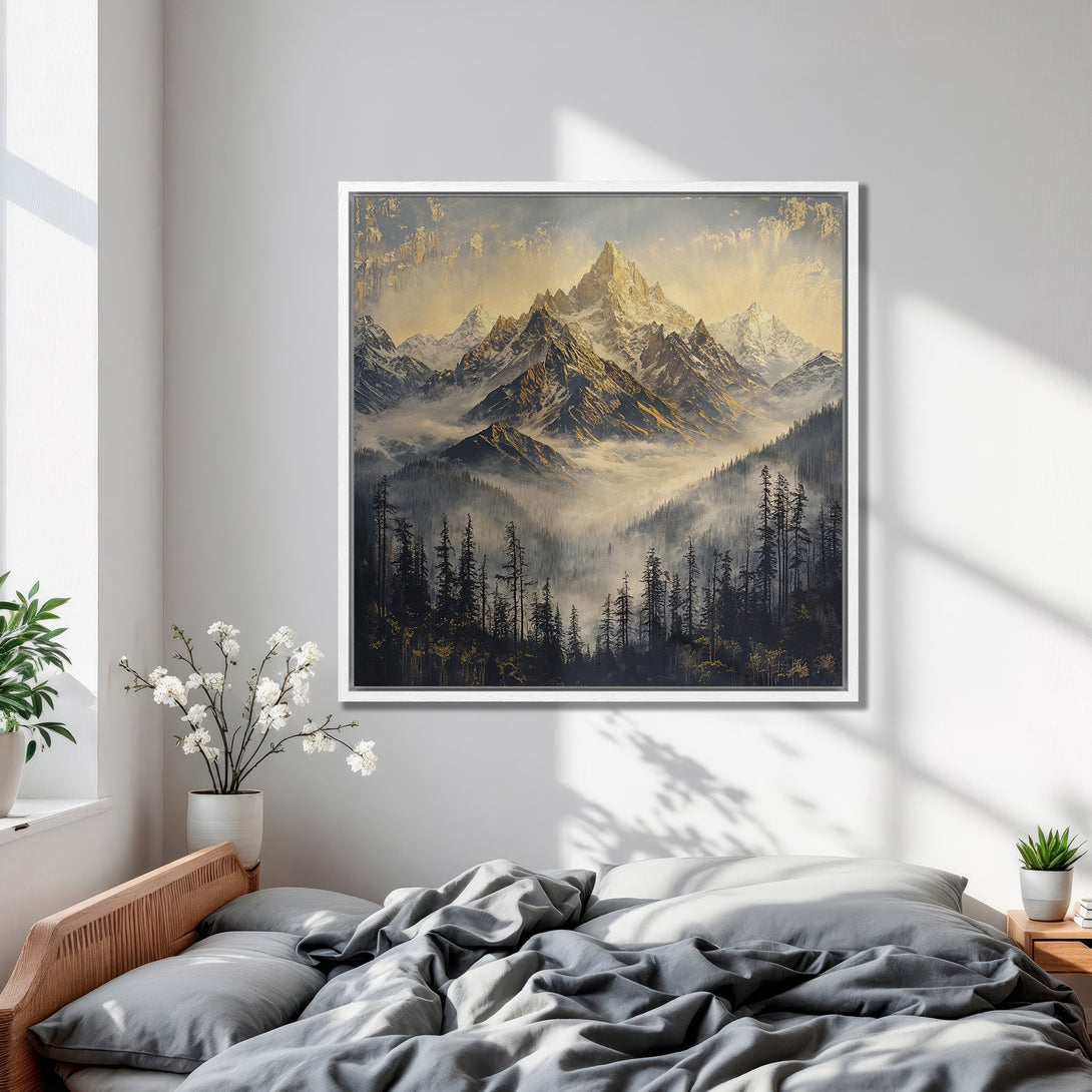Framed Wall Art featuring a mountain landscape in a serene, painterly style with a warm, neutral color palette. Perfect for bedroom decor.
