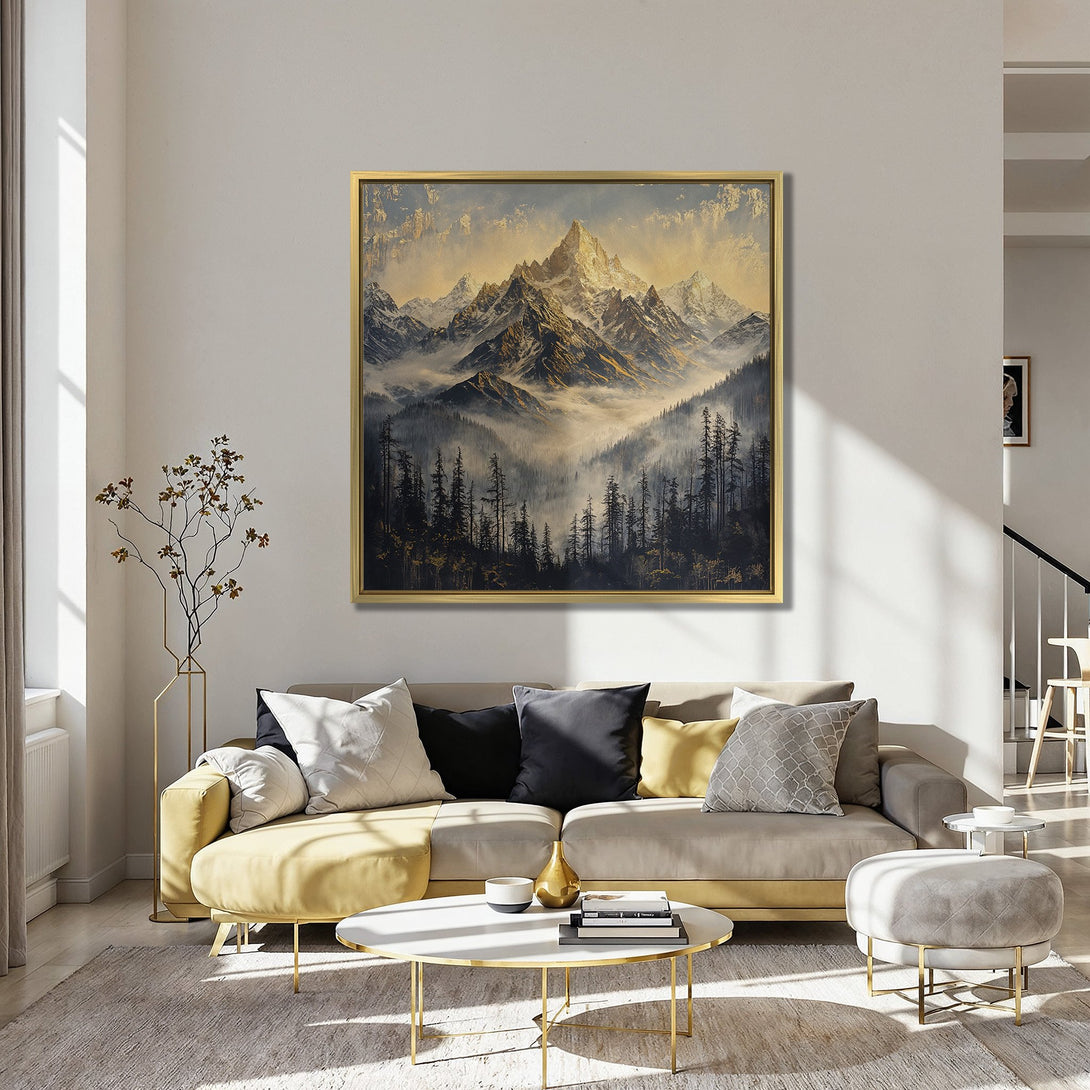 Canvas Print of a majestic mountain landscape in warm gold and cool blue tones, perfect for adding a touch of nature to your home decor.
