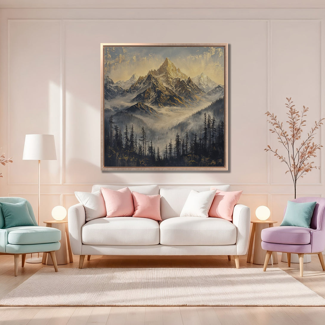 Framed Wall Art: Majestic mountain landscape Canvas Print in warm, neutral tones. Perfect for adding a touch of nature and serenity to your home decor.