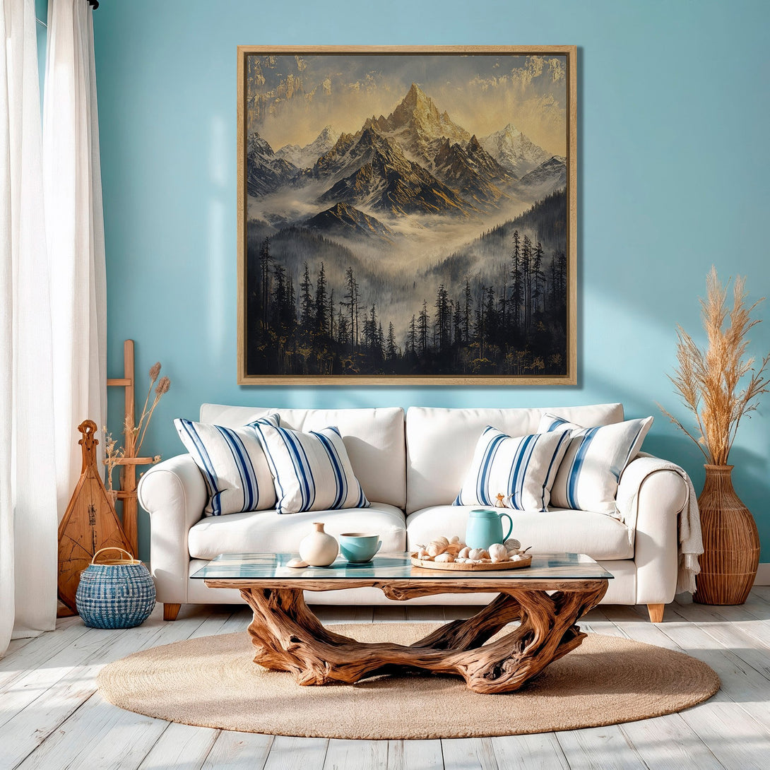 Framed Wall Art: Stunning mountain landscape Canvas Print in warm gold and cool blue tones, perfect for adding a touch of nature to your home decor.