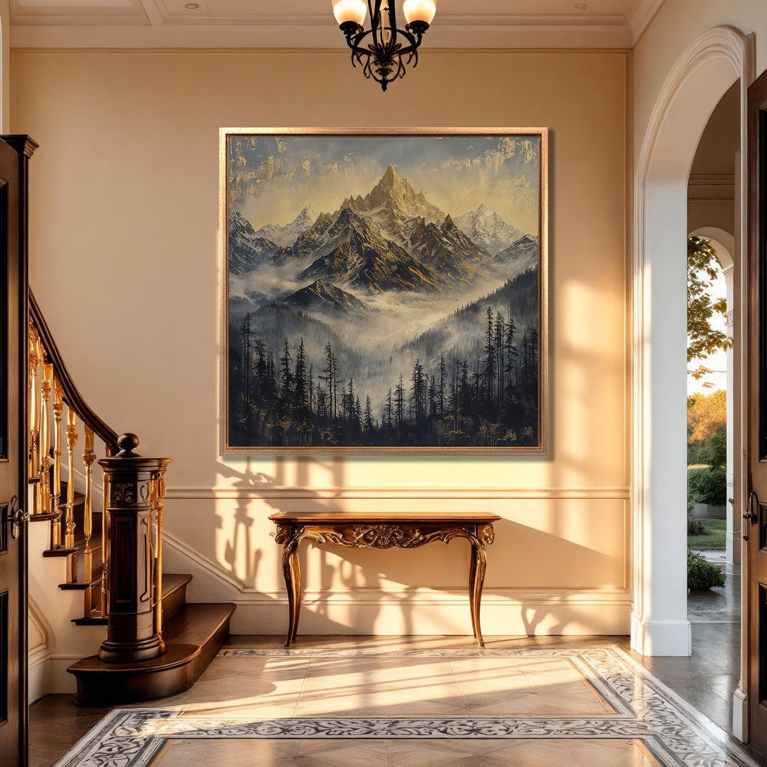 Framed Wall Art featuring a majestic mountain landscape in muted blues, greens, and gold. Perfect for adding a touch of nature to your home decor.