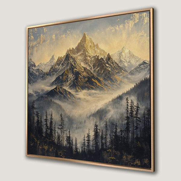 Framed Wall Art featuring a majestic mountain landscape in a painterly style with a warm, golden and cool gray color palette.