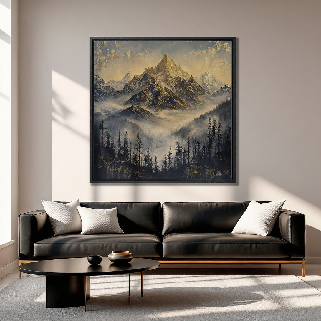 Framed Wall Art: Mountain landscape canvas print in a modern living room. Features a warm, golden and black color palette, perfect for home decor.