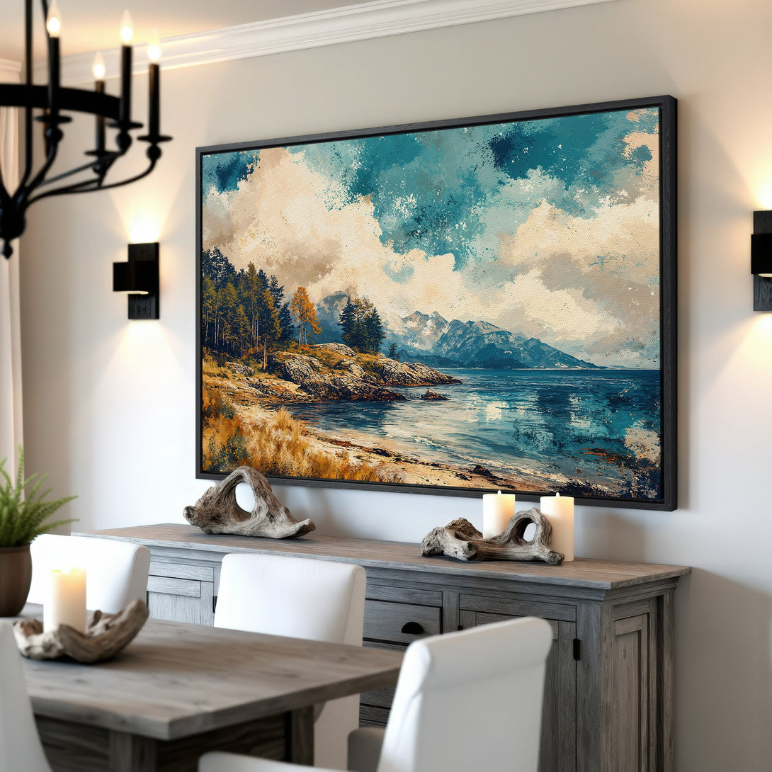 Framed Wall Art: Coastal landscape Canvas Print in blue, teal, and beige tones. Perfect for adding a touch of nature and serenity to your home decor.