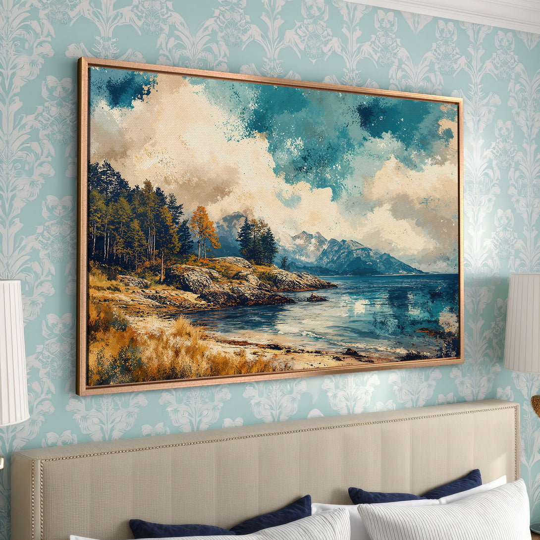 Framed Wall Art: Abstract landscape Canvas Print with teal, blue, and gold hues. Perfect for adding a touch of nature-inspired art to your home decor.
