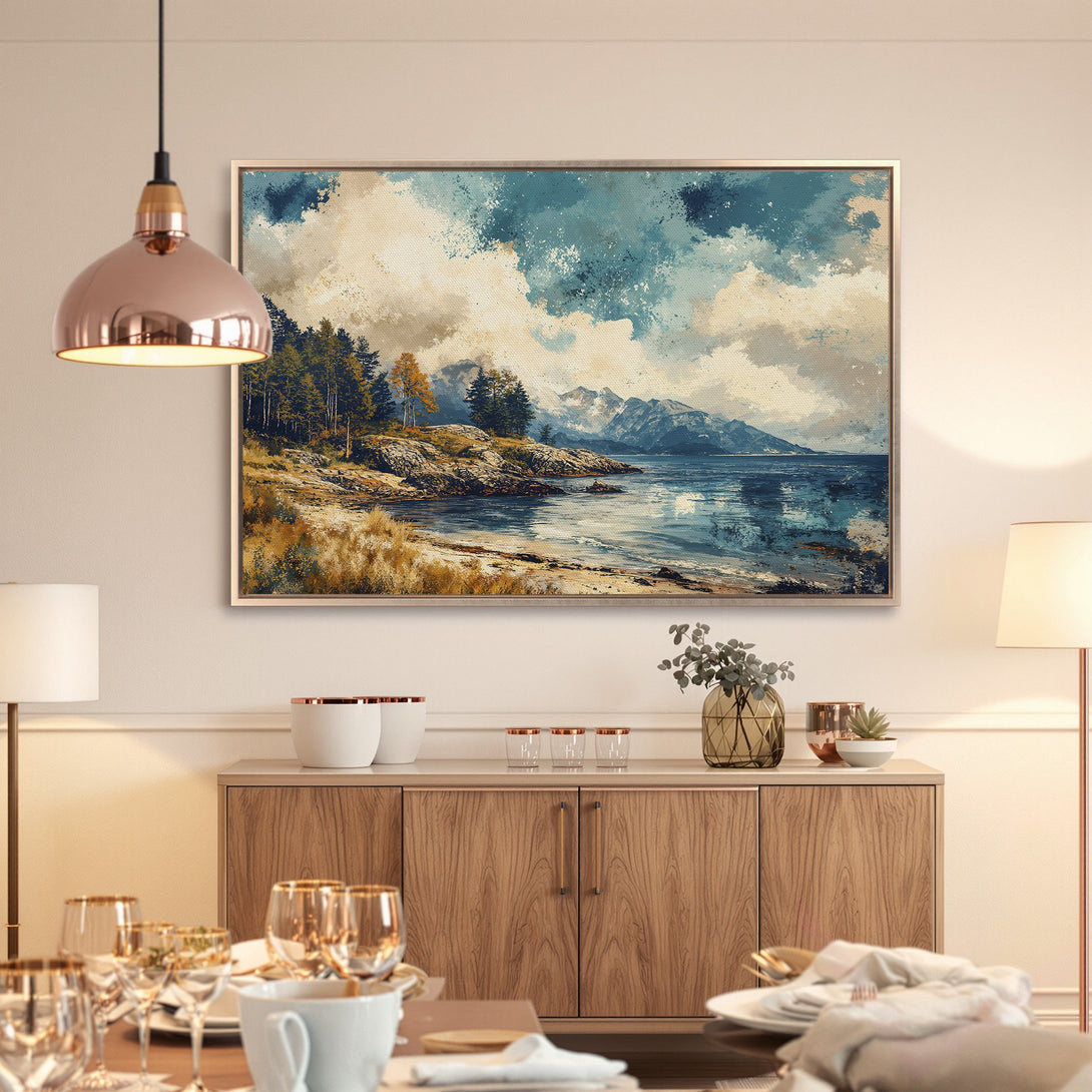 Framed Wall Art: Coastal landscape Canvas Print in blue and beige hues, perfect for adding a touch of serenity to your home decor.
