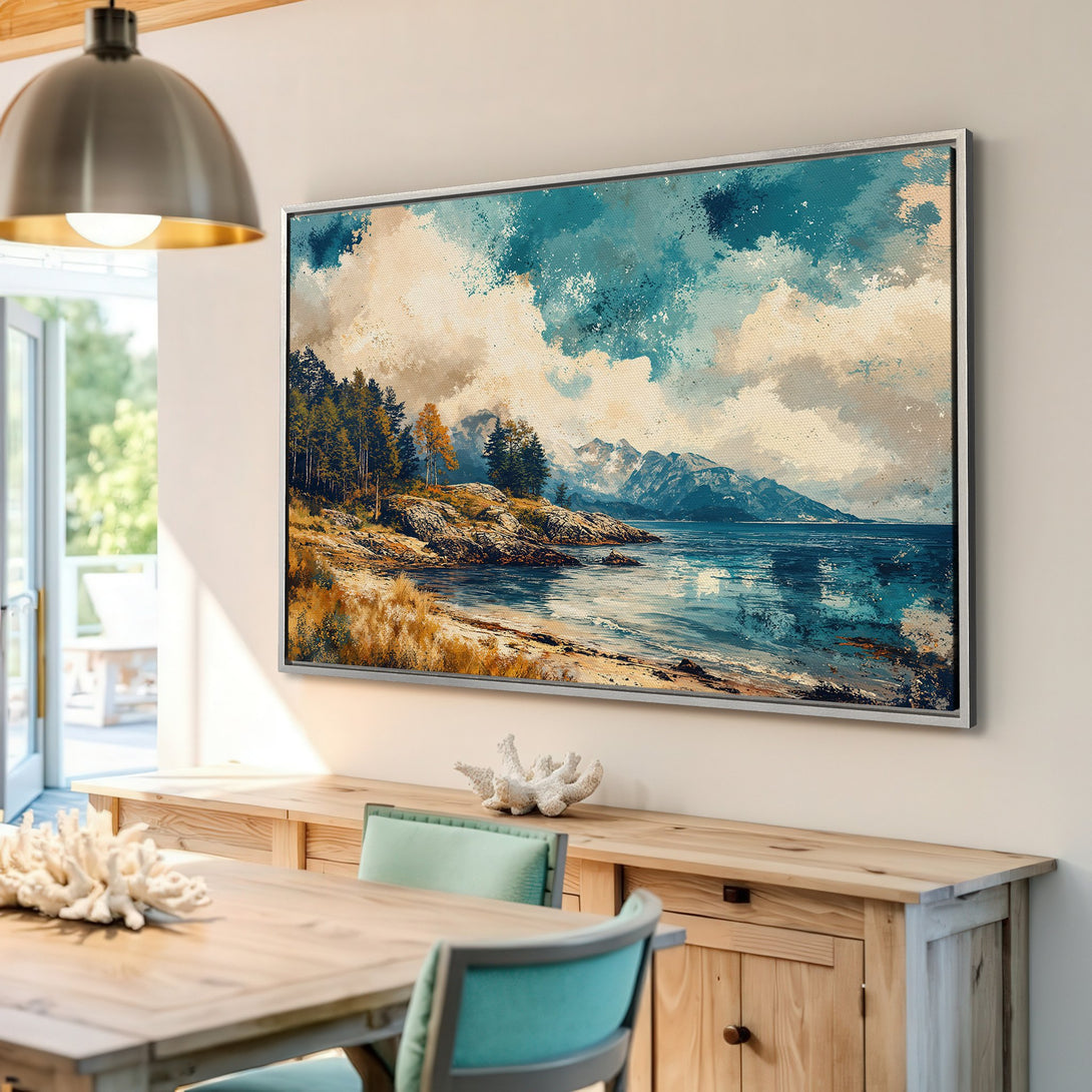 Framed Wall Art: Coastal landscape Canvas Print in blue and beige tones, perfect for adding a touch of nature to your home decor.