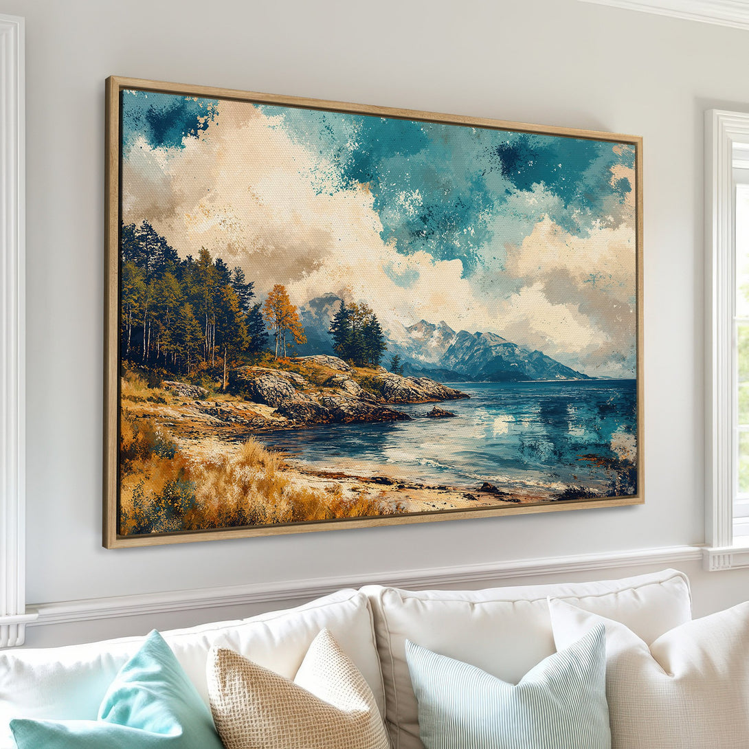 Framed Wall Art: Coastal landscape Canvas Print in blue, beige, and gold. Adds a touch of serenity to any space. Shop now for beautiful wall decor!