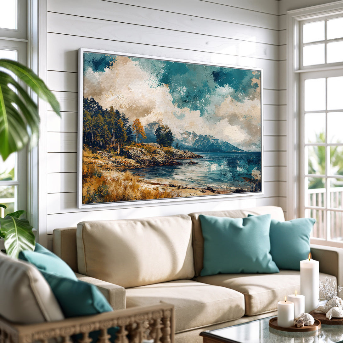 Framed Wall Art: Coastal landscape Canvas Print in teal, gold, and neutral tones. Adds a touch of serenity and style to any room. Shop now!