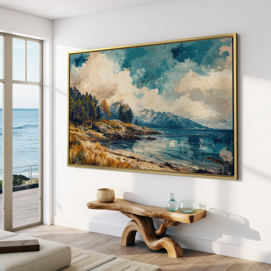 Canvas Print of a serene landscape painting in blue, beige, and green tones, perfect for adding a touch of nature to your home decor.