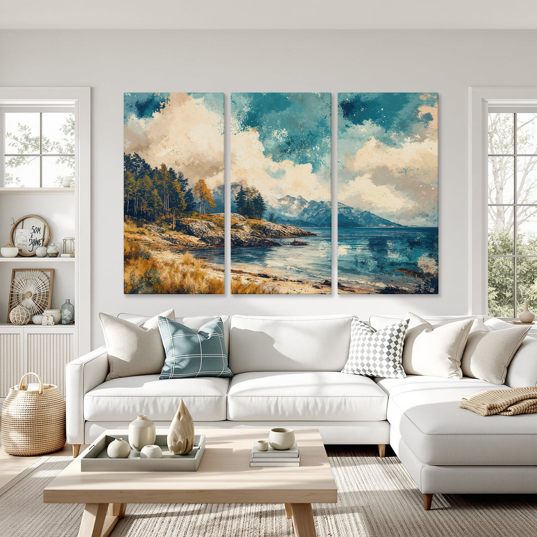Canvas Print of a serene landscape painting in blue, beige, and green tones, displayed in a modern living room.