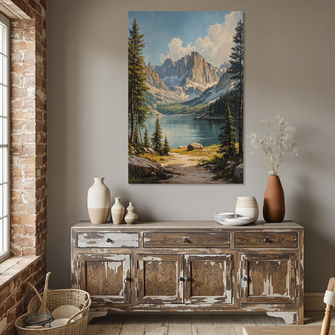 Framed Wall Art: Stunning mountain lake landscape canvas print in a dining room. Earthy tones and vibrant blues create a serene, nature-inspired aesthetic.
