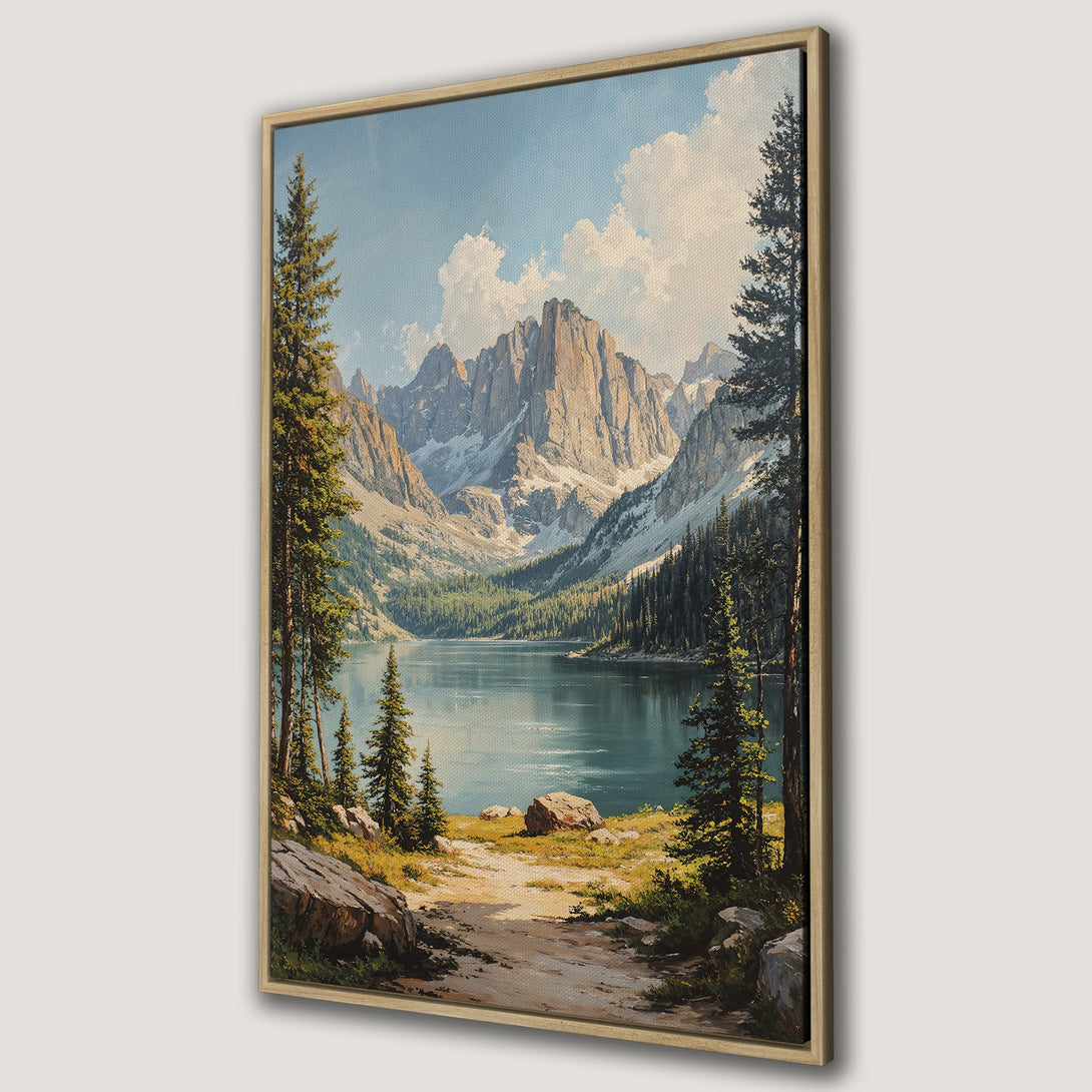 Framed Wall Art: Majestic mountain lake landscape canvas print in a vintage style. Featuring blues, greens, and earth tones. Perfect for adding nature's beauty to your home.