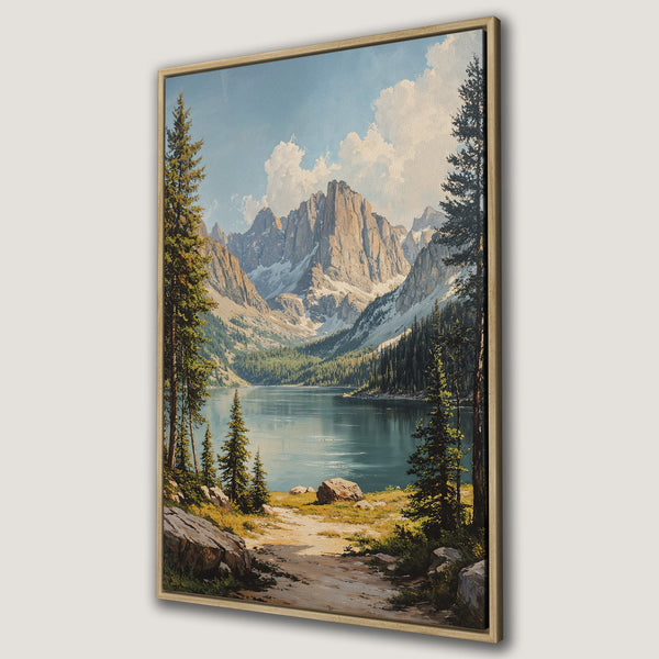 Framed Wall Art: Majestic mountain lake landscape canvas print in a vintage style. Featuring blues, greens, and earth tones. Perfect for adding nature's beauty to your home.