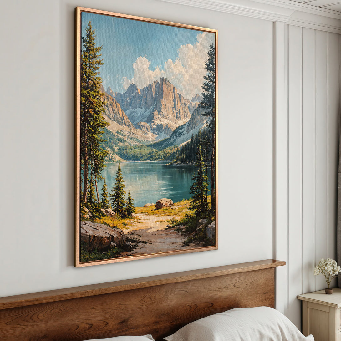 Framed Wall Art: Majestic mountain lake landscape canvas print. Serene blue, green, and earth-toned artwork. Perfect for adding a touch of nature to your home decor.