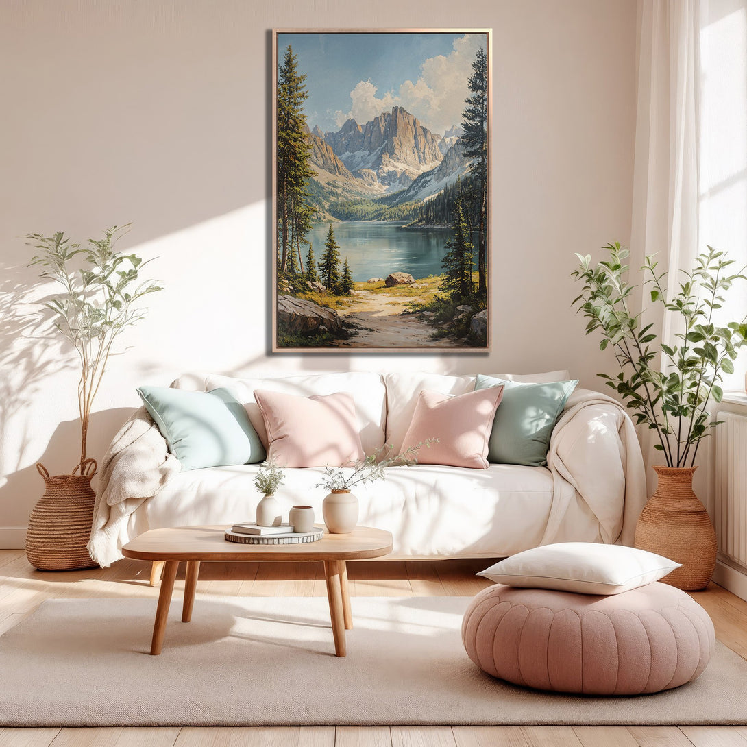 Framed Wall Art: Mountain lake landscape painting in neutral tones. Adds a touch of nature and serenity to any living room. Shop now!