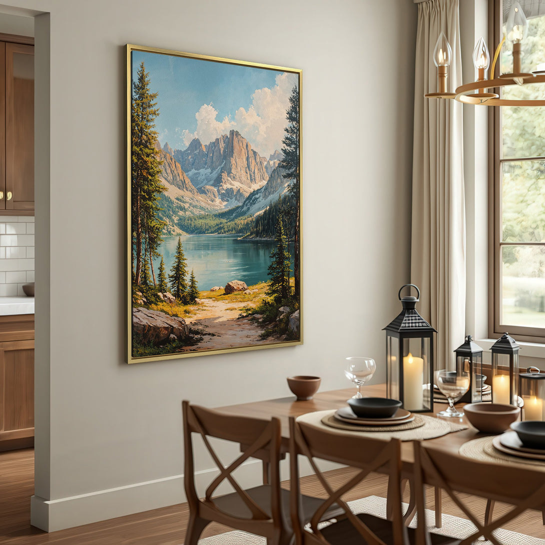 Canvas Print of a mountain lake landscape in a rustic interior. Earthy tones and vibrant blues create a serene, artistic vibe.