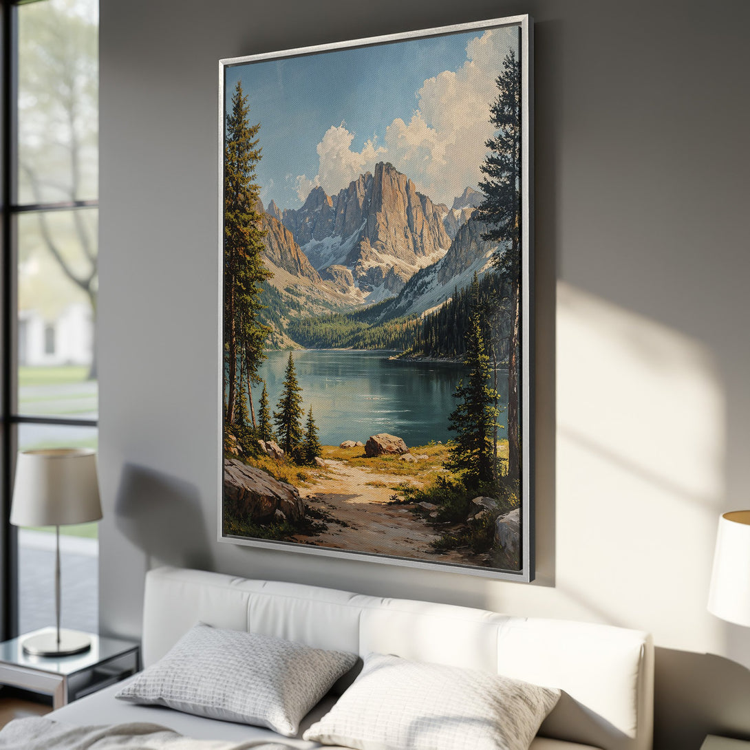 Framed Wall Art: Majestic mountain landscape Canvas Print with blue, green, and brown hues. Perfect wall decor for a serene, nature-inspired living space.
