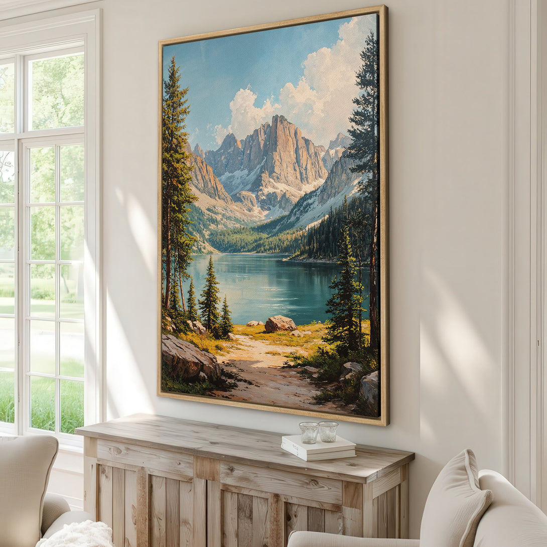 Framed Wall Art: Mountain lake landscape canvas print in a warm color palette. Bring the beauty of nature indoors with this stunning artwork.