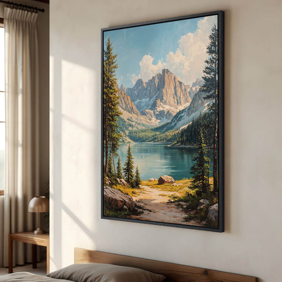 Framed Wall Art: Mountain lake landscape canvas print in a bedroom. Serene, painterly style with blue, green, and neutral tones. Elevate your space with nature's beauty!