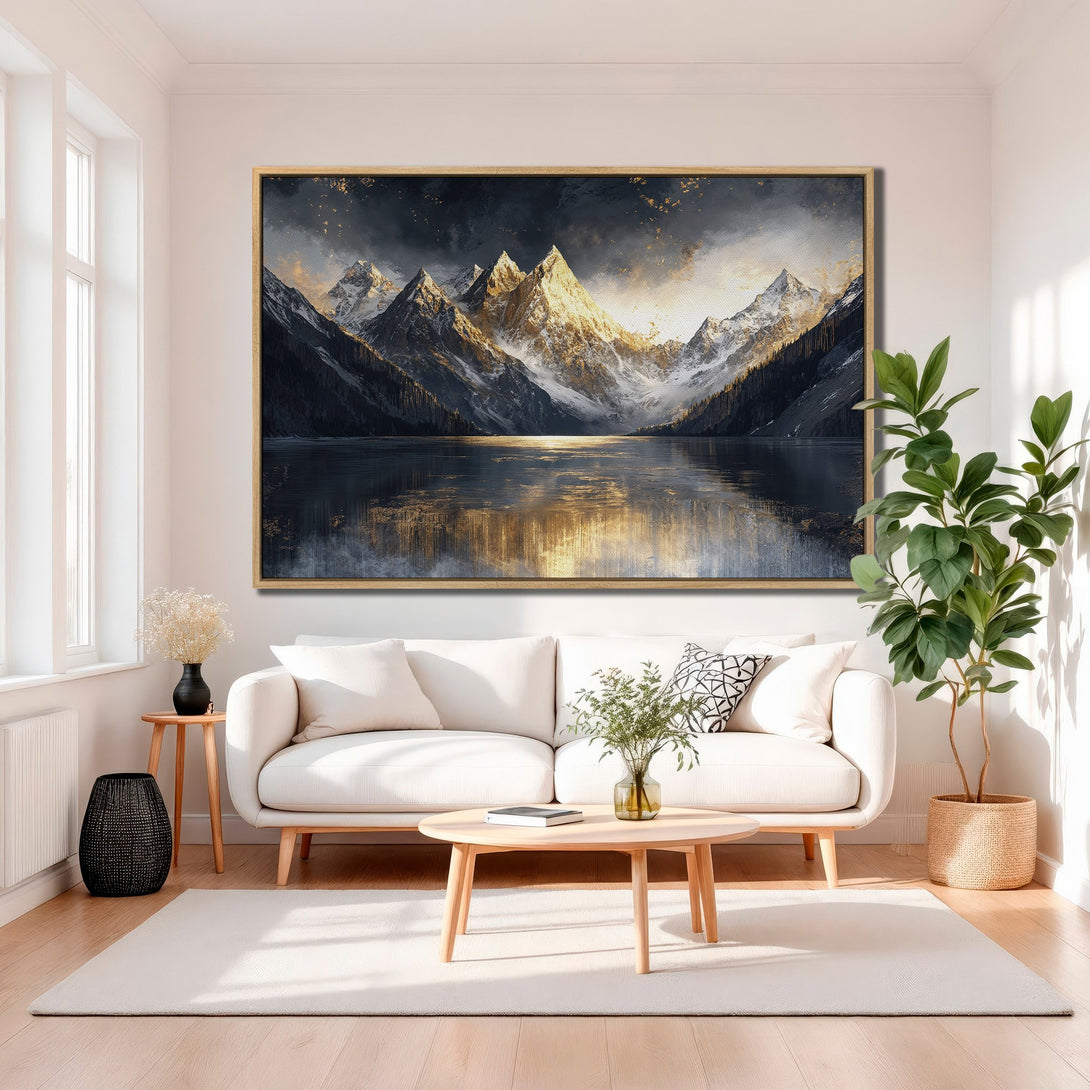 Framed Wall Art: Majestic mountain landscape Canvas Print in gold and dark tones. Elevate your space with this stunning artwork. Perfect for modern interiors.