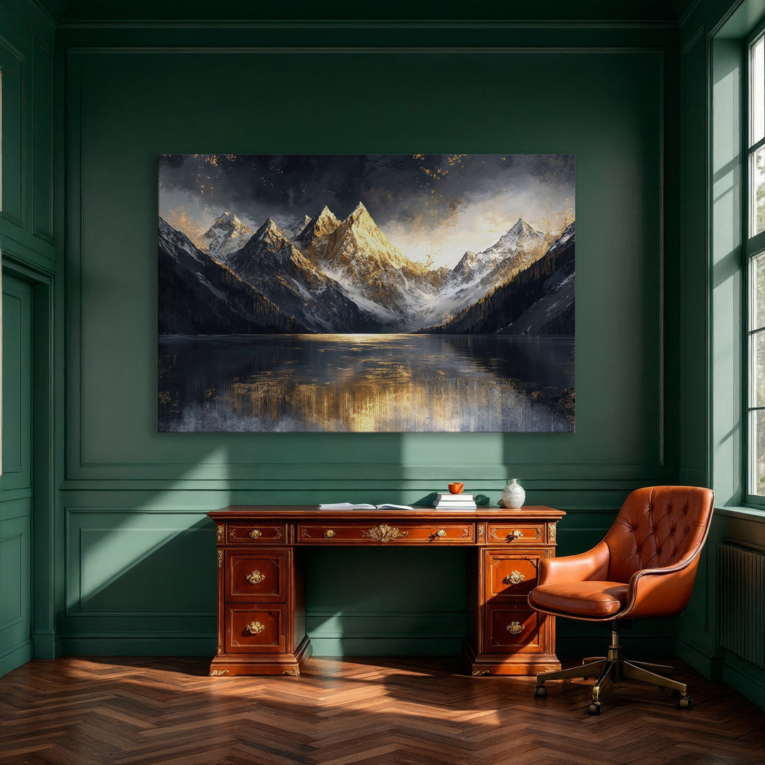 Framed Wall Art: Majestic mountain landscape Canvas Print in gold, blue, and warm tones, perfect for adding a touch of elegance to your dining room.