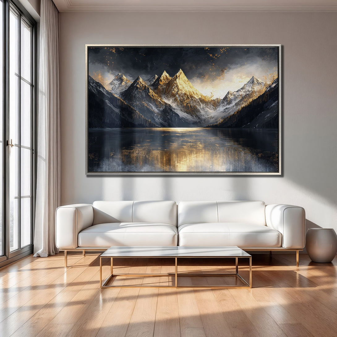 Framed Wall Art: Stunning mountain landscape canvas print in a modern interior. Featuring a moody, gold and black color palette. Elevate your space today!