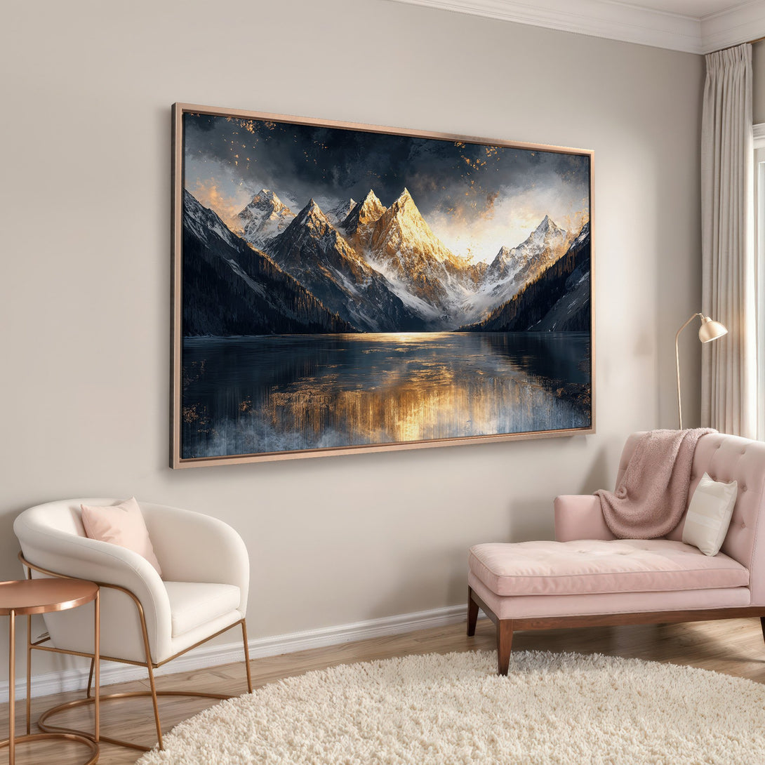 Framed Wall Art: Majestic mountain landscape Canvas Print in moody blues, gold, and gray. Elevate your space with serene nature art.