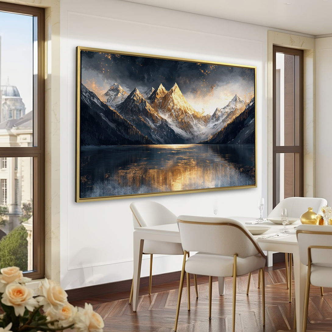 Canvas Print of a majestic mountain landscape in a dark, moody style with gold and gray tones, perfect for home decor.