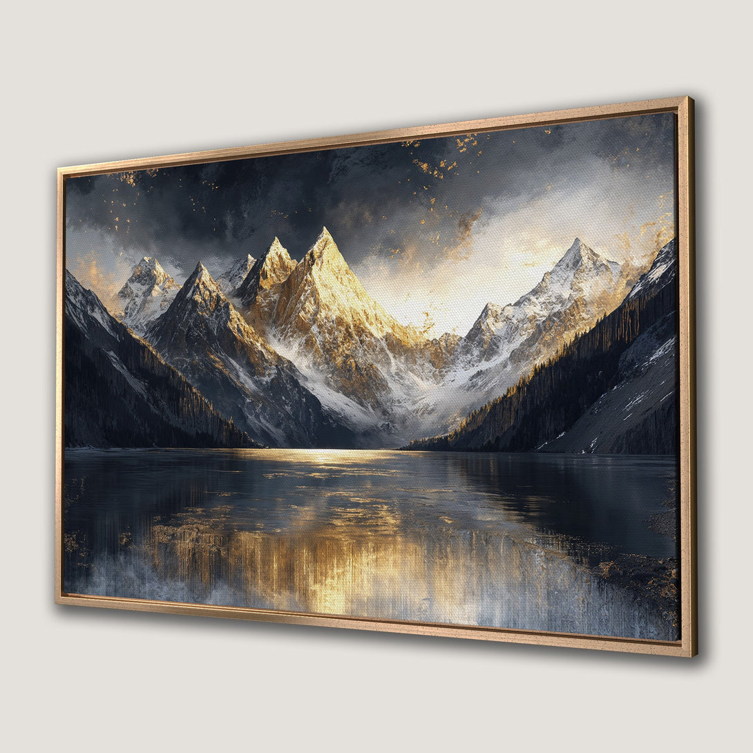 Framed Wall Art: Majestic mountain landscape Canvas Print in gold, navy, and white. Elevate your space with stunning nature art!