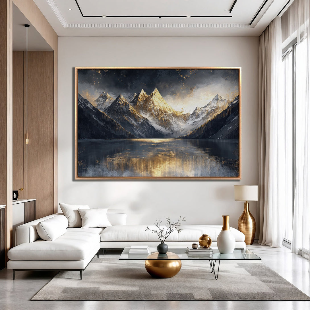 Framed Wall Art: Majestic mountain landscape canvas print in a modern living room. Features a cool, moody color palette with gold accents.