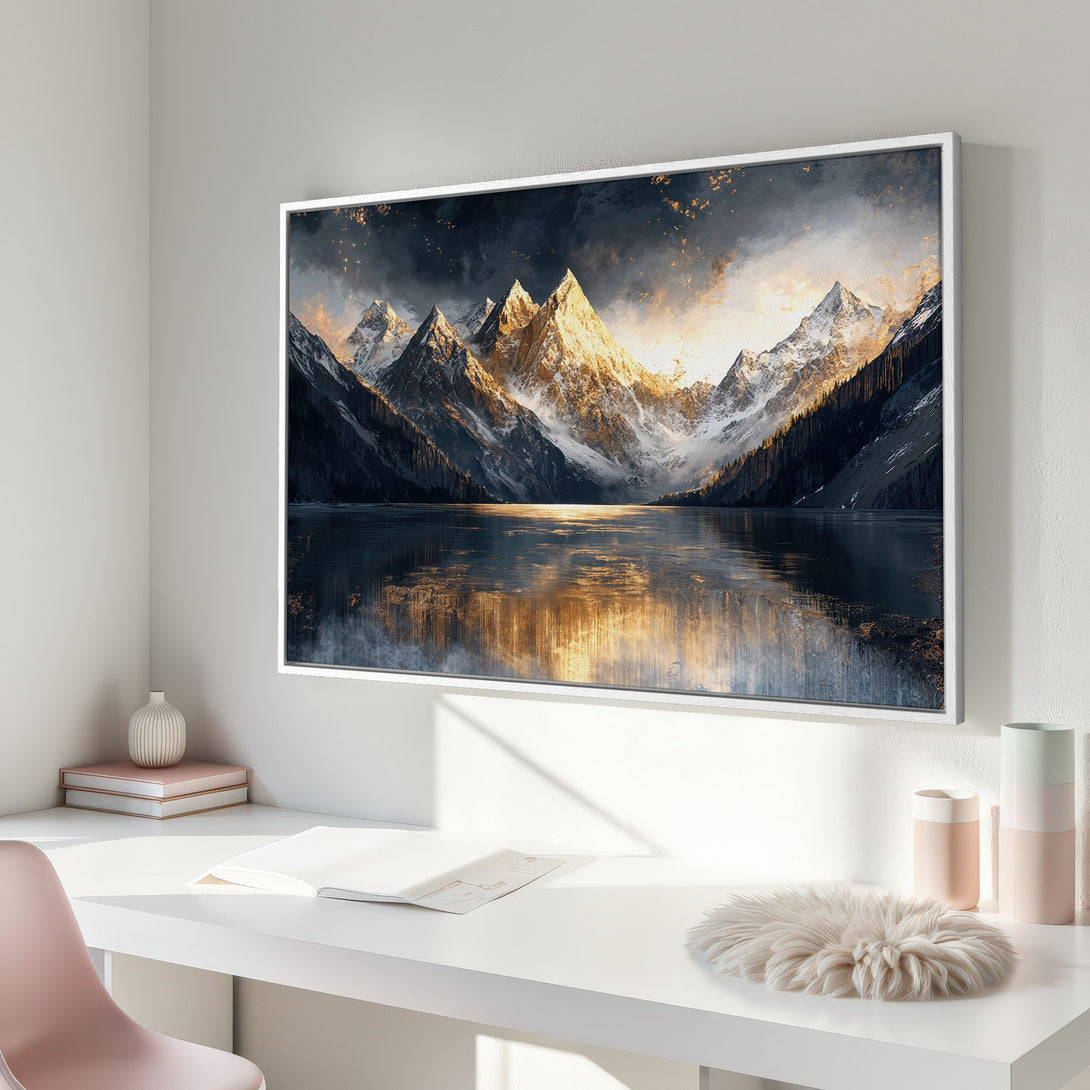 Framed Wall Art: Majestic mountain landscape Canvas Print in a modern interior. Featuring a dramatic, painterly style with a cool, dark blue and gold color palette.