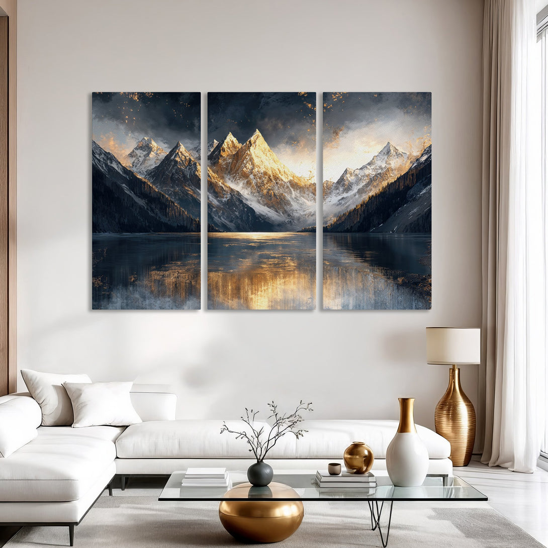 Canvas Print of majestic mountain landscape in a moody, painterly style. Featuring a dark, cool color palette with golden highlights.