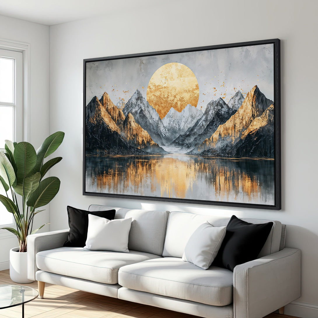 Framed Wall Art: Abstract mountain landscape Canvas Print in gold, gray, and black tones. Modern art for living room decor, adds a touch of elegance.