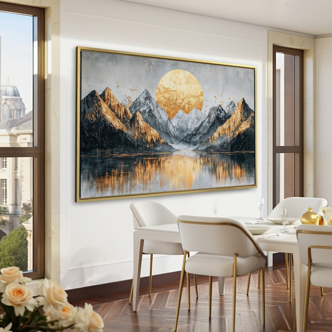 Canvas Print of a stunning mountain landscape with a golden sun, perfect for adding a touch of elegance to your home. Features a neutral and gold color palette.