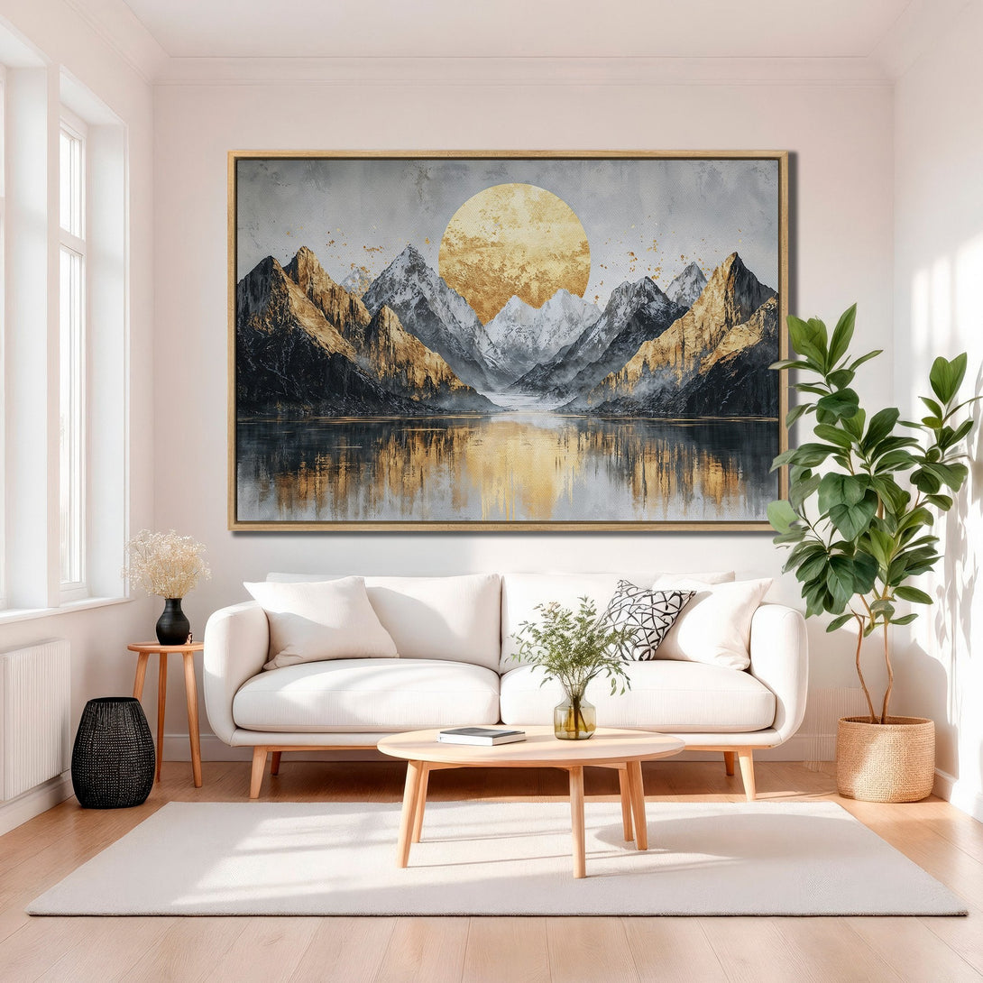 Framed Wall Art: Stunning mountain landscape Canvas Print with gold and gray color palette, adding a touch of modern elegance to any living room.