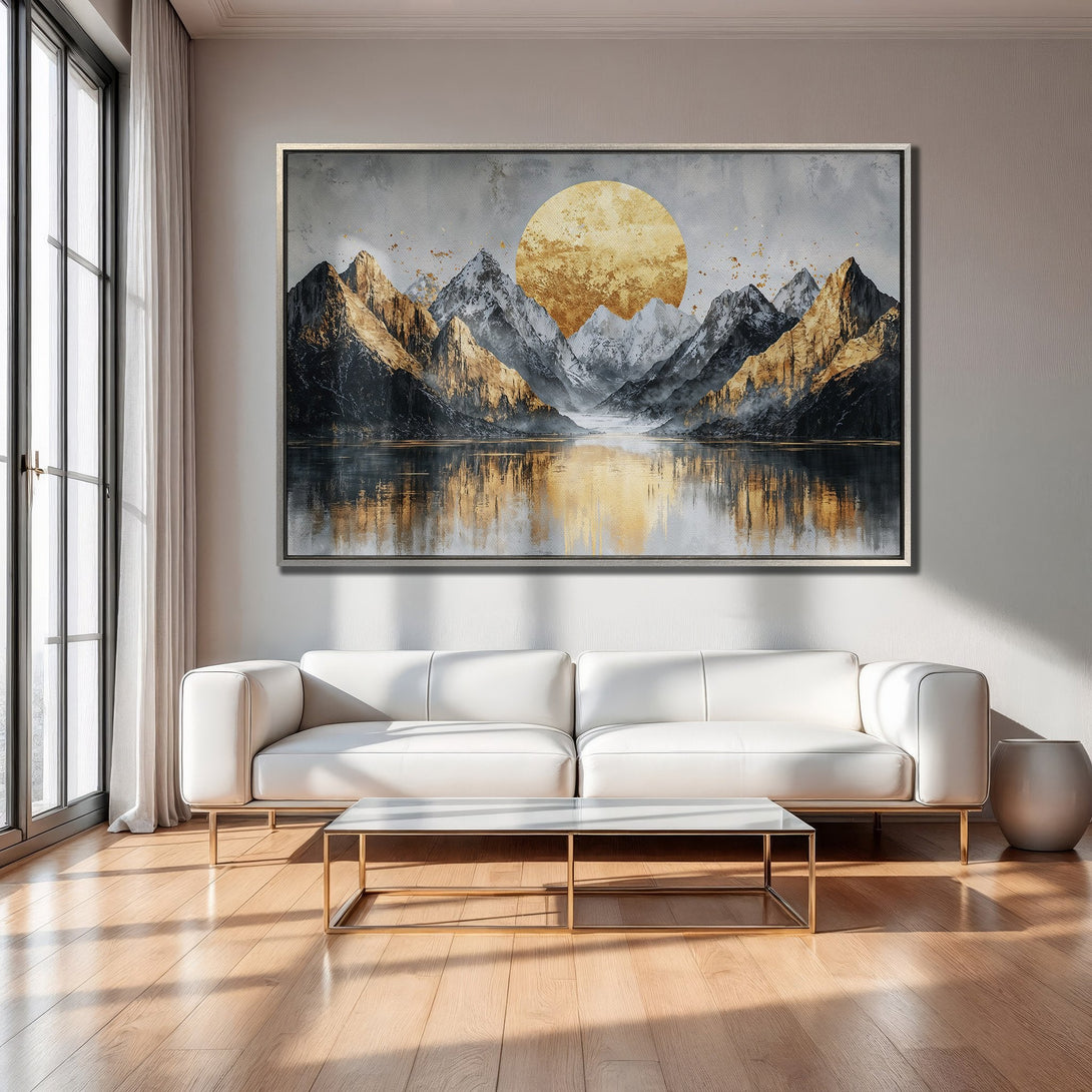 Framed Wall Art: Stunning mountain landscape Canvas Print in gold, gray & black. Modern art for living room decor. Elevate your space!