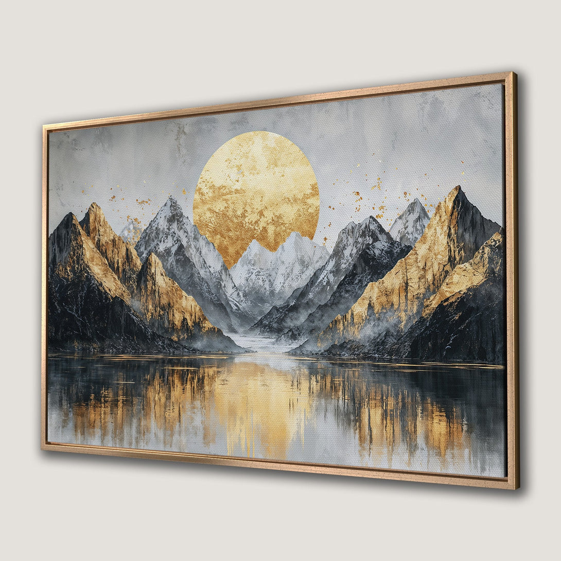 Framed Wall Art: Abstract mountain landscape Canvas Print with gold, gray, and black color palette. Modern art for home decor.