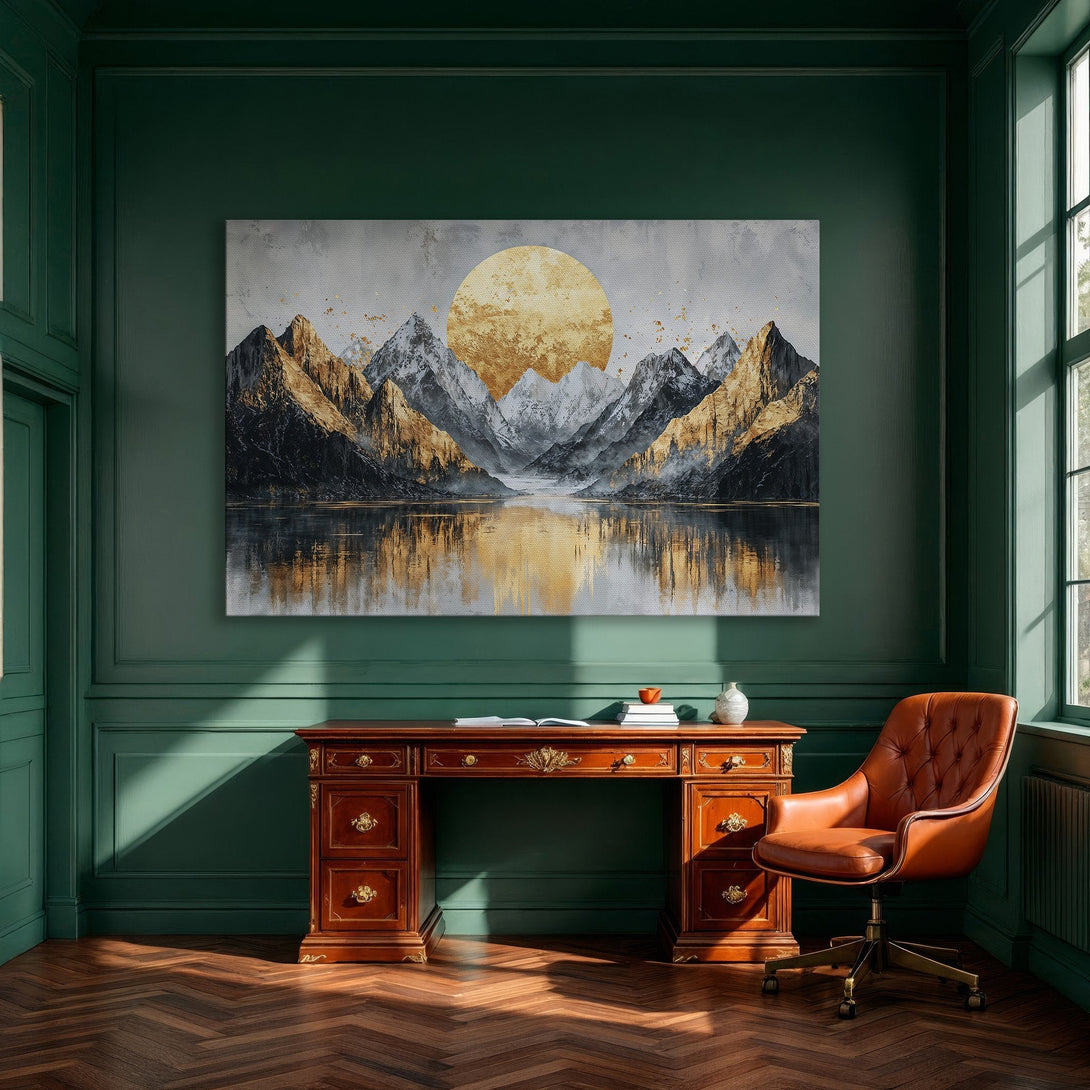 Framed Wall Art: Abstract mountain landscape canvas print in gold and gray tones, perfect for modern home decor.