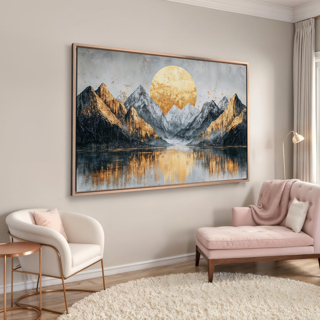 Framed Wall Art: Abstract mountain landscape in gold and gray tones. Modern art Canvas Print for a stylish living room.