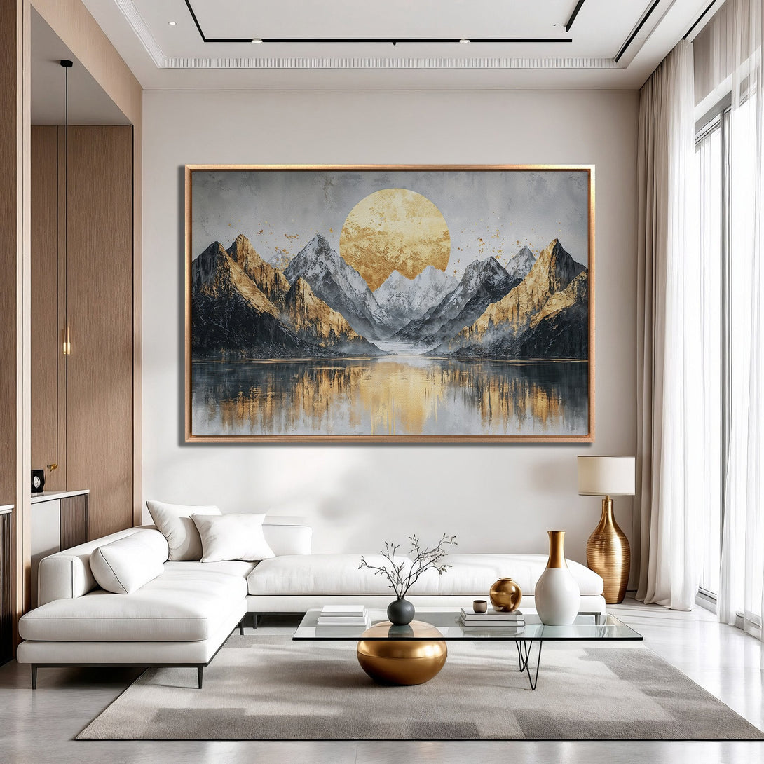 Framed Wall Art: Abstract mountain landscape in gold and gray tones, enhancing modern interior design. Elevate your space with this stunning canvas print.