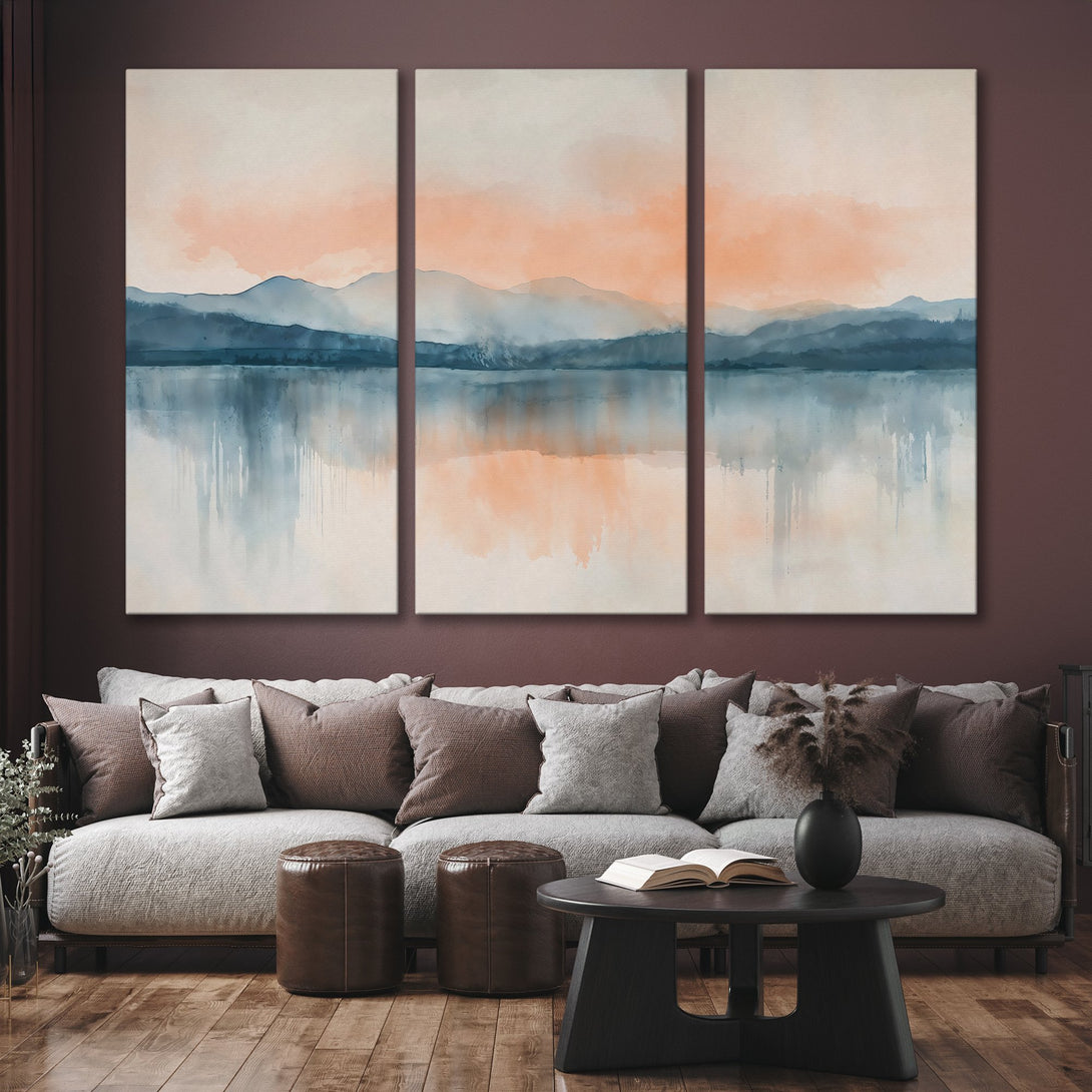 Canvas Print: Watercolor landscape art in blue and peach tones. Modern wall decor for a serene living room.