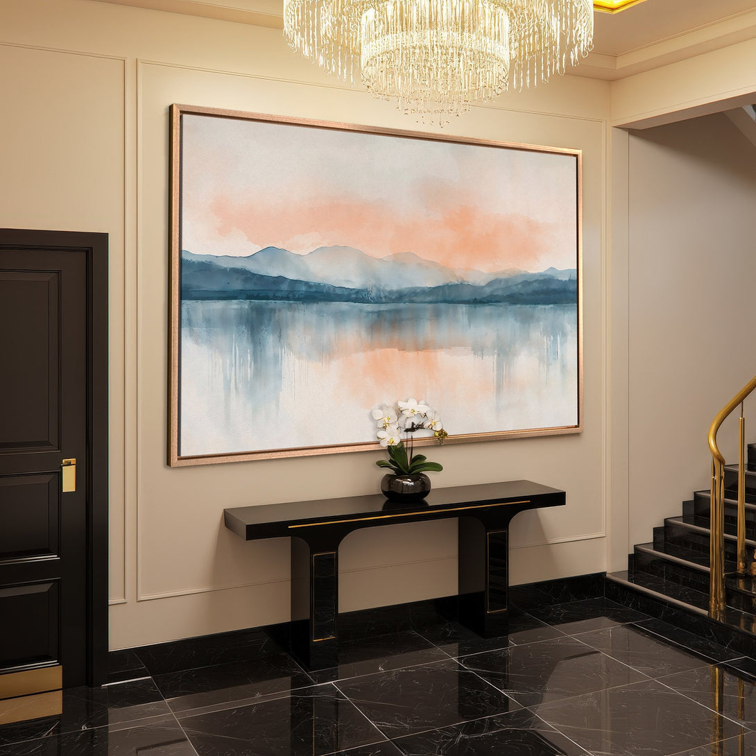 Framed Wall Art: Abstract landscape Canvas Print in watercolor style. Features blue, peach, and neutral tones. Perfect for modern home decor.