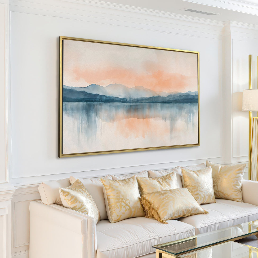 Canvas Print of a serene watercolor landscape in blue and peach tones, perfect for adding a calming touch to your living room.