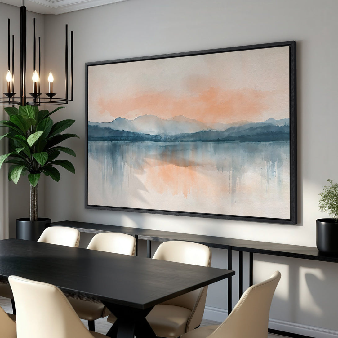 Framed Wall Art featuring a serene watercolor landscape in muted blues, oranges, and beige. Perfect for adding a touch of tranquility to your dining room.