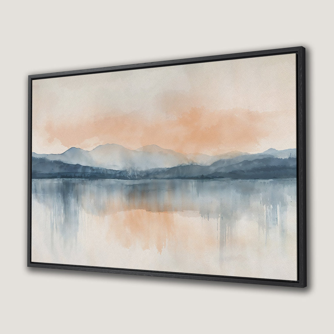 Framed Wall Art: Watercolor landscape Canvas Print in muted blue and peach tones. Modern art for a serene home decor.