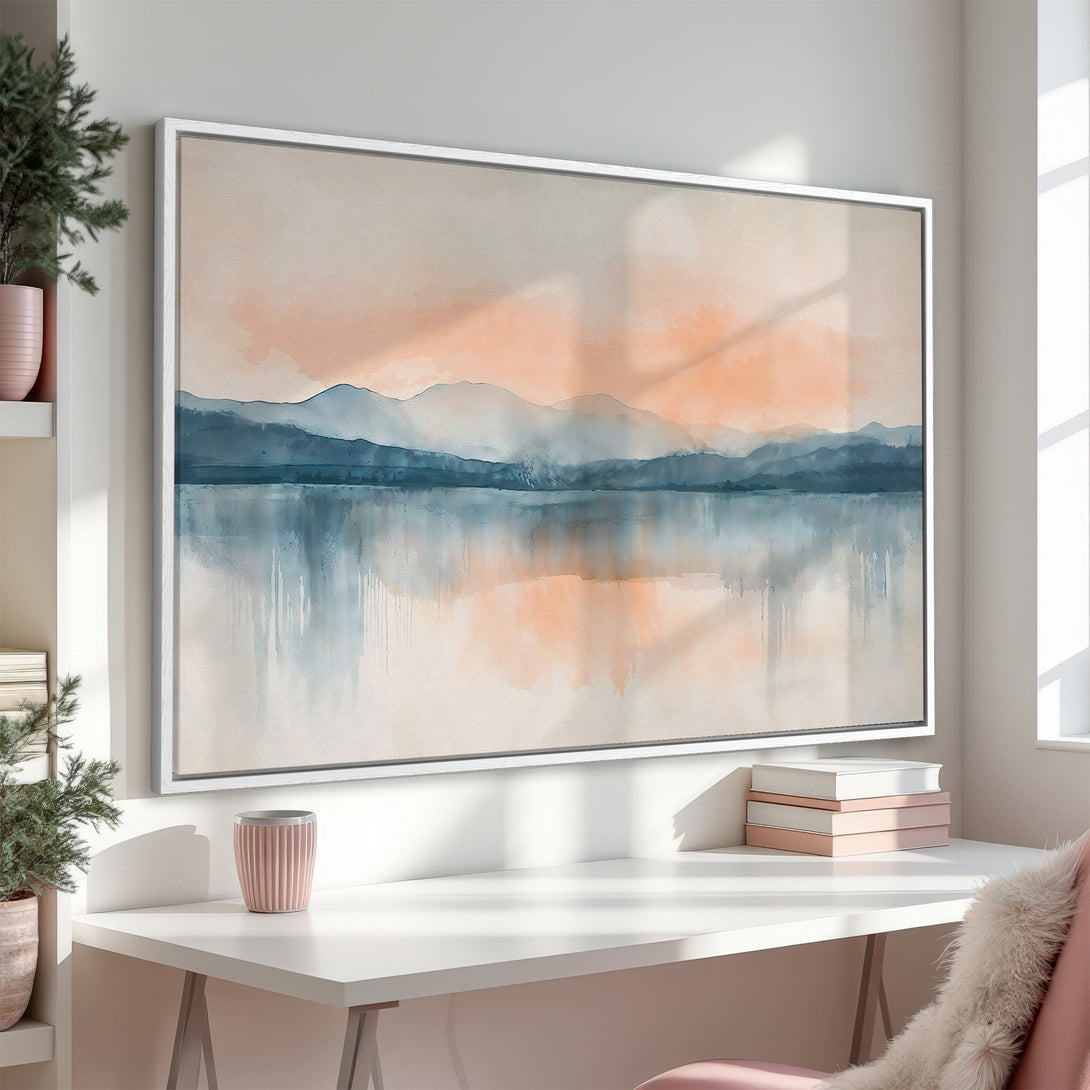 Framed Wall Art: Watercolor landscape Canvas Print in serene blues and peach, perfect for adding a calming touch to any interior space.