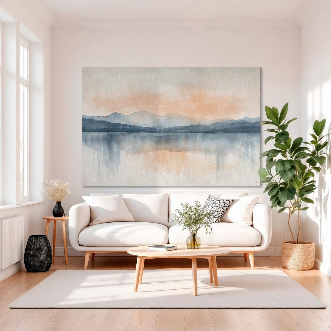 Framed Wall Art: Watercolor landscape Canvas Print in serene blue & peach tones. Perfect for adding a touch of elegance to your home decor.