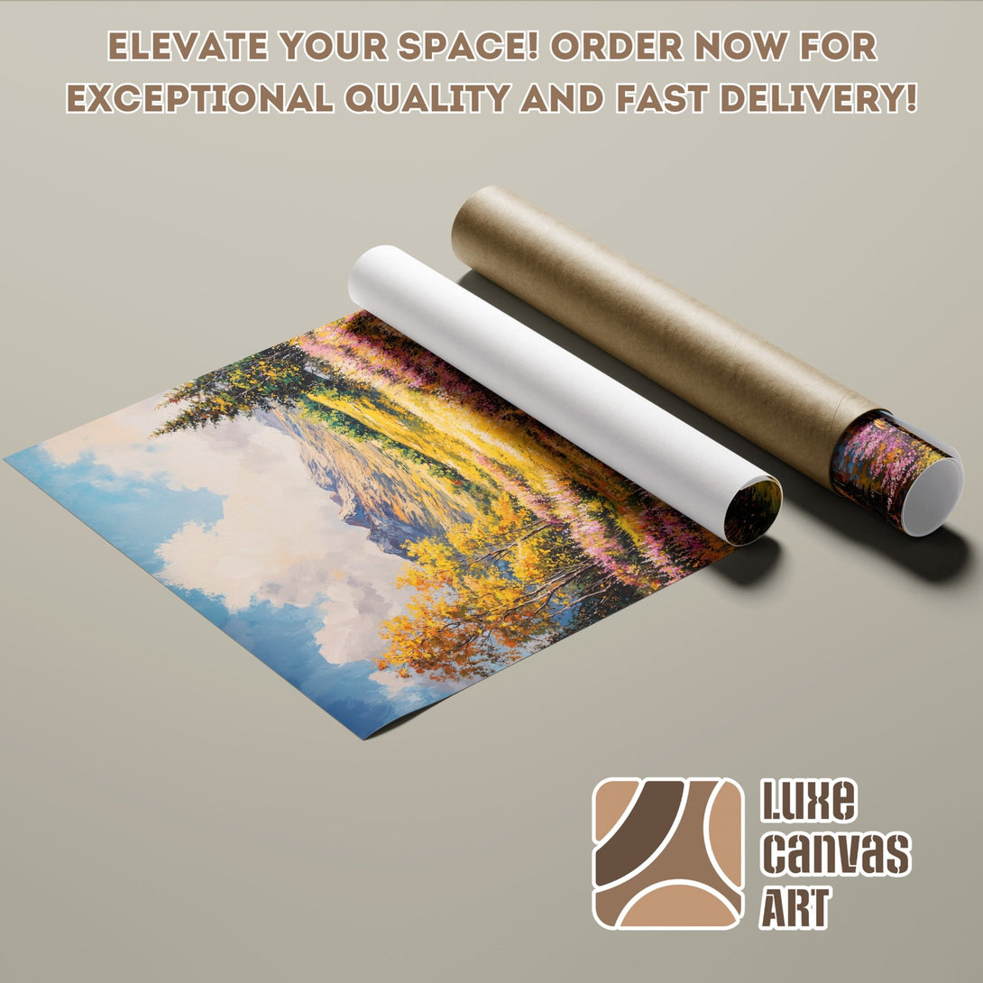 Poster Roll of a vibrant landscape painting with warm autumn colors. Elevate your space with this stunning art!