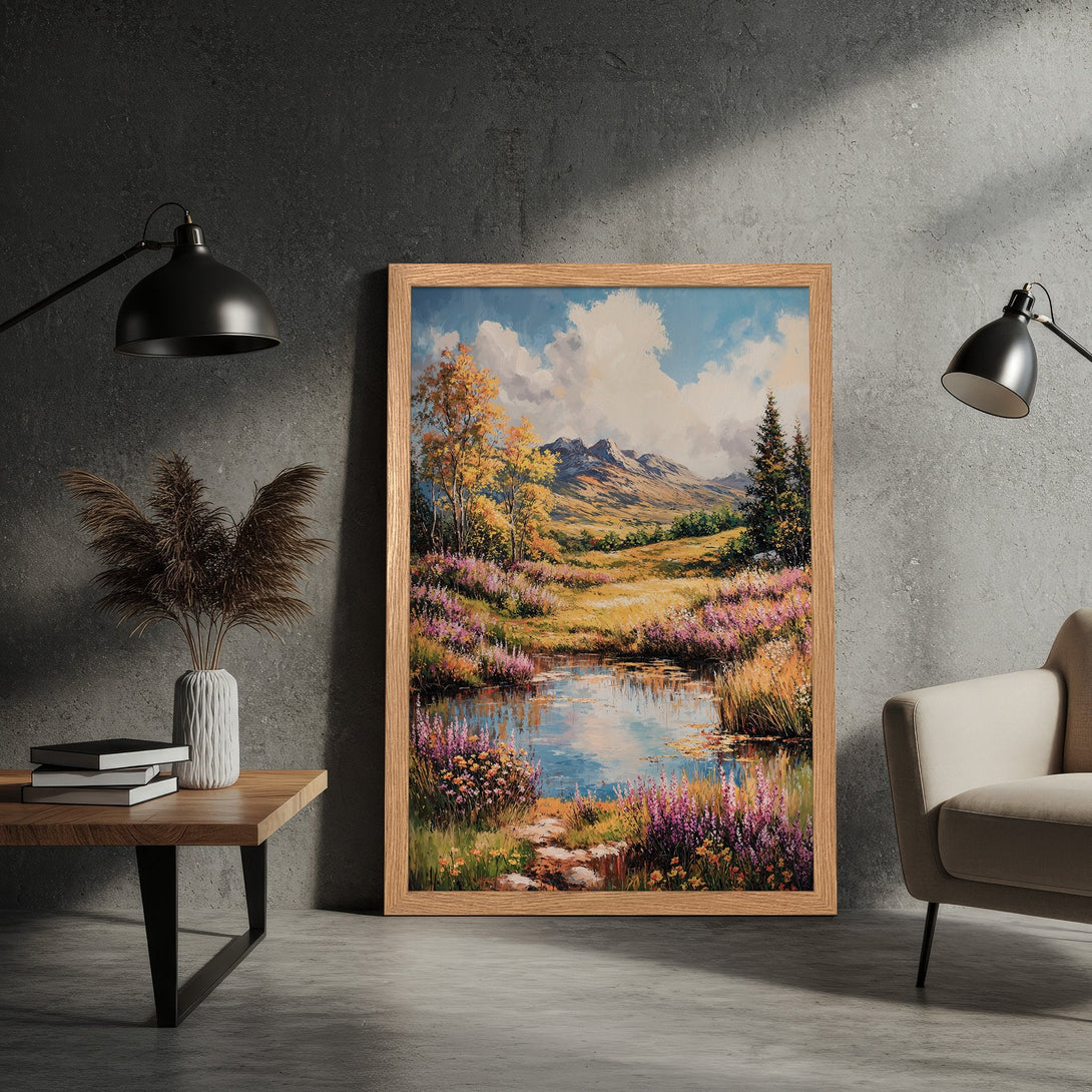 Framed Poster of a serene landscape painting. Features a pond, mountains, and colorful wildflowers. Warm color palette with blues, yellows, and purples.